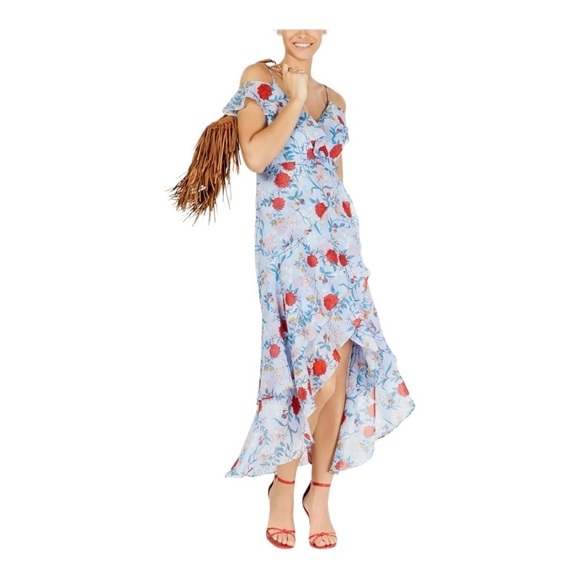 NWT Bardot x Revolve Blue Floral Cold Shoulder Ruffle Hi Low Midi Dress XS - Picture 10 of 16